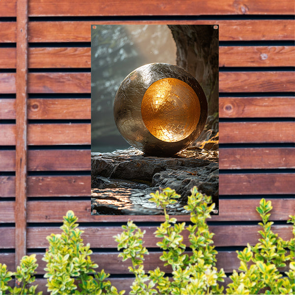 Gouden bolvormige sculptuur in grot tuinposter