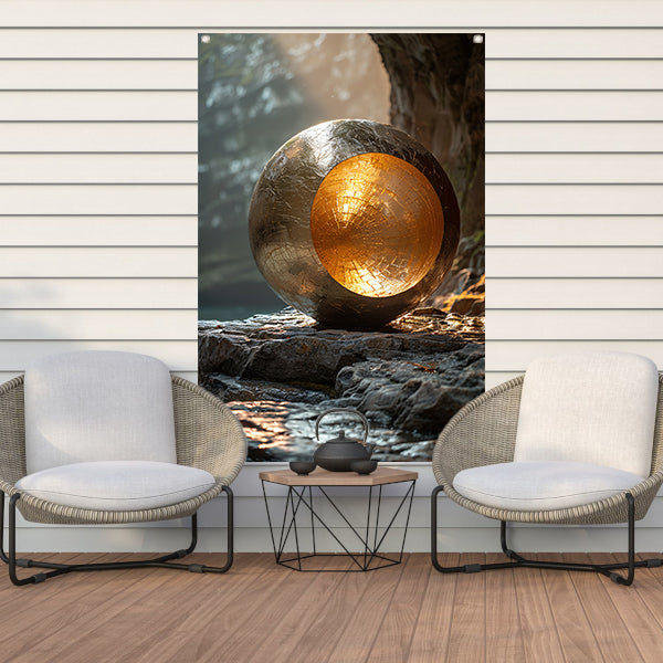Gouden bolvormige sculptuur in grot tuinposter