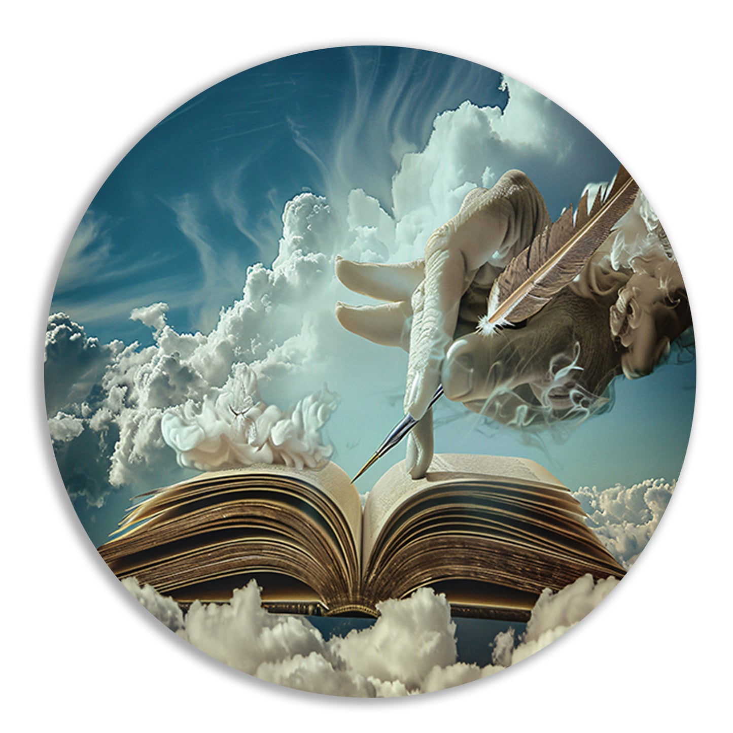 Surrealistische hand die wolken schrijft aluminium muurcirkel