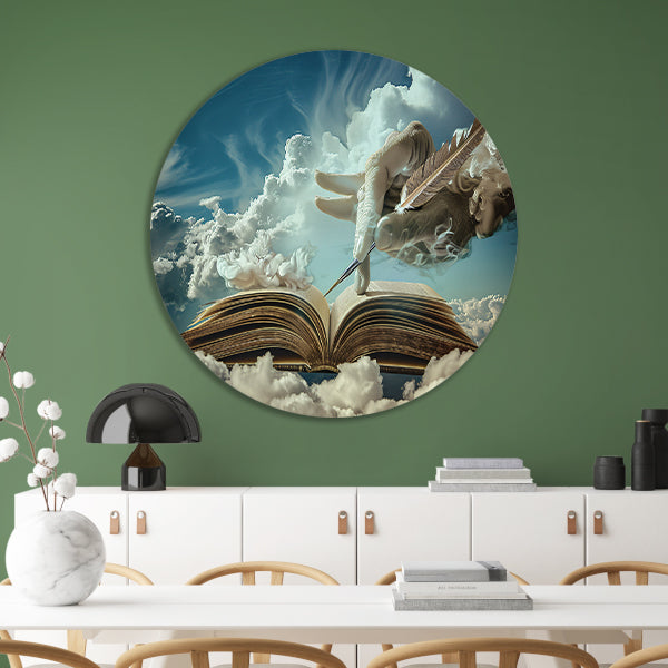 Surrealistische hand die wolken schrijft aluminium muurcirkel