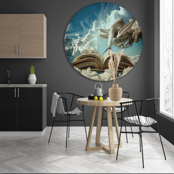 Surrealistische hand die wolken schrijft aluminium muurcirkel
