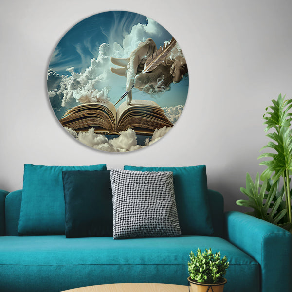 Surrealistische hand die wolken schrijft aluminium muurcirkel