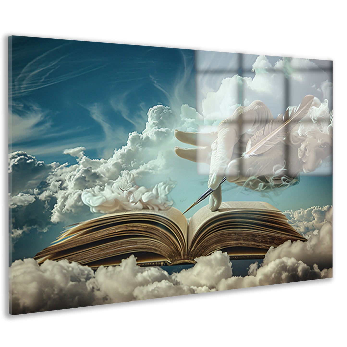 Surrealistische hand die wolken schrijft acrylglas