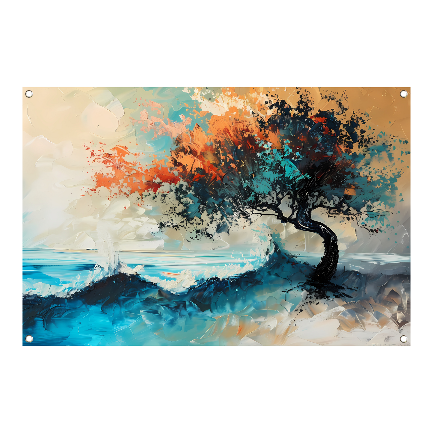 Expressieve Abstracte Boom aan Zee met Levendige Kleuren tuinposter