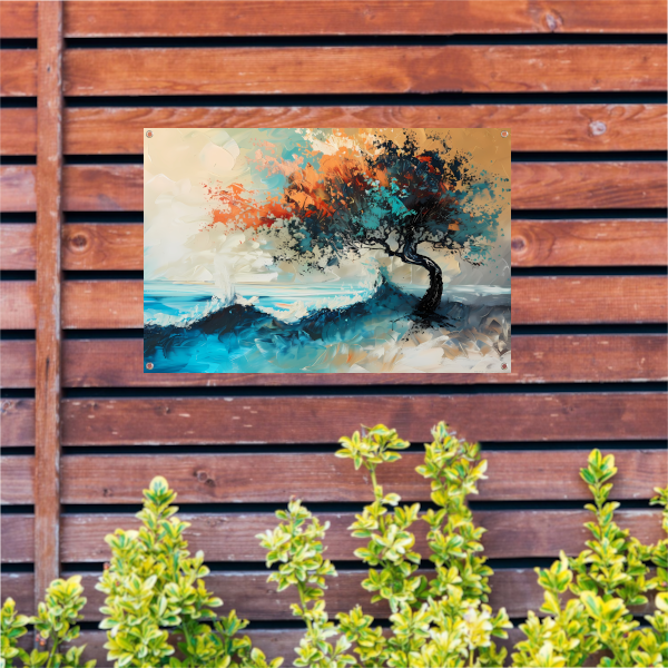 Expressieve Abstracte Boom aan Zee met Levendige Kleuren tuinposter