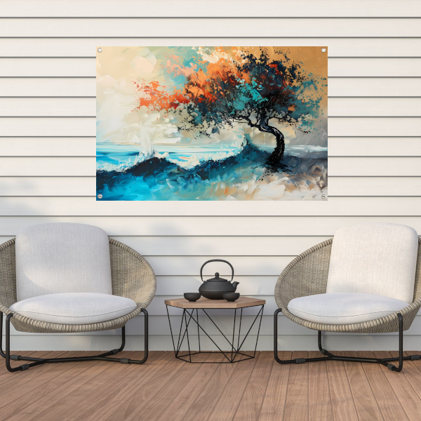 Expressieve Abstracte Boom aan Zee met Levendige Kleuren tuinposter