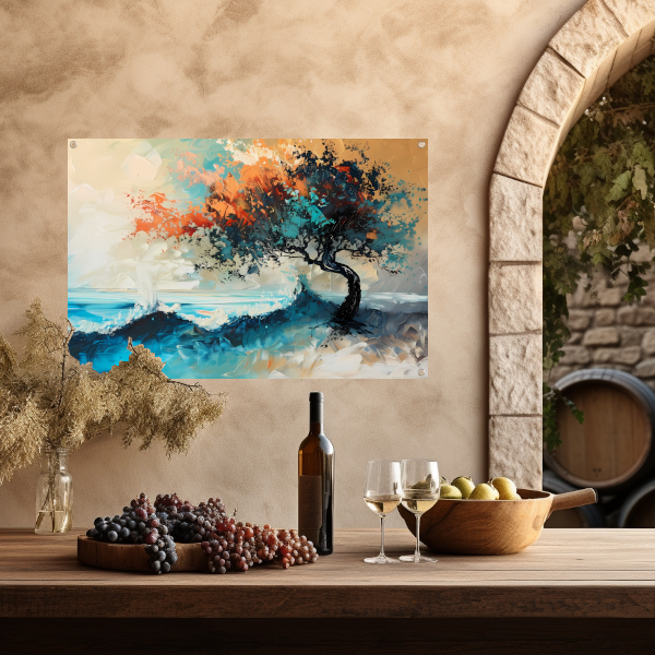 Expressieve Abstracte Boom aan Zee met Levendige Kleuren tuinposter