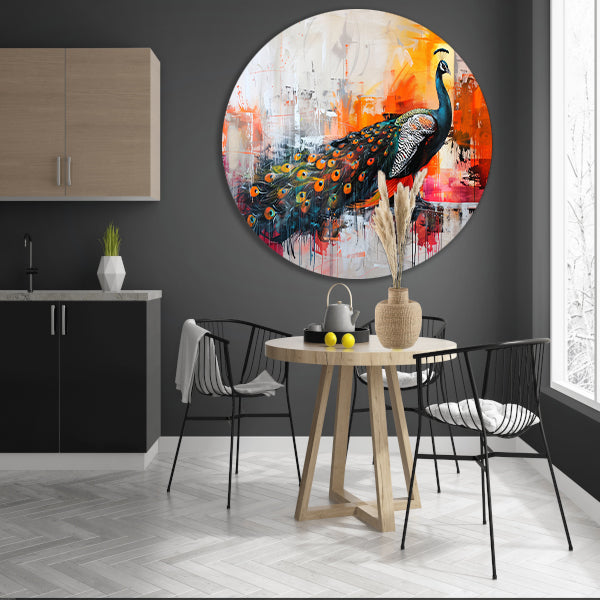 Kleurrijk abstract schilderij van een pauw aluminium muurcirkel