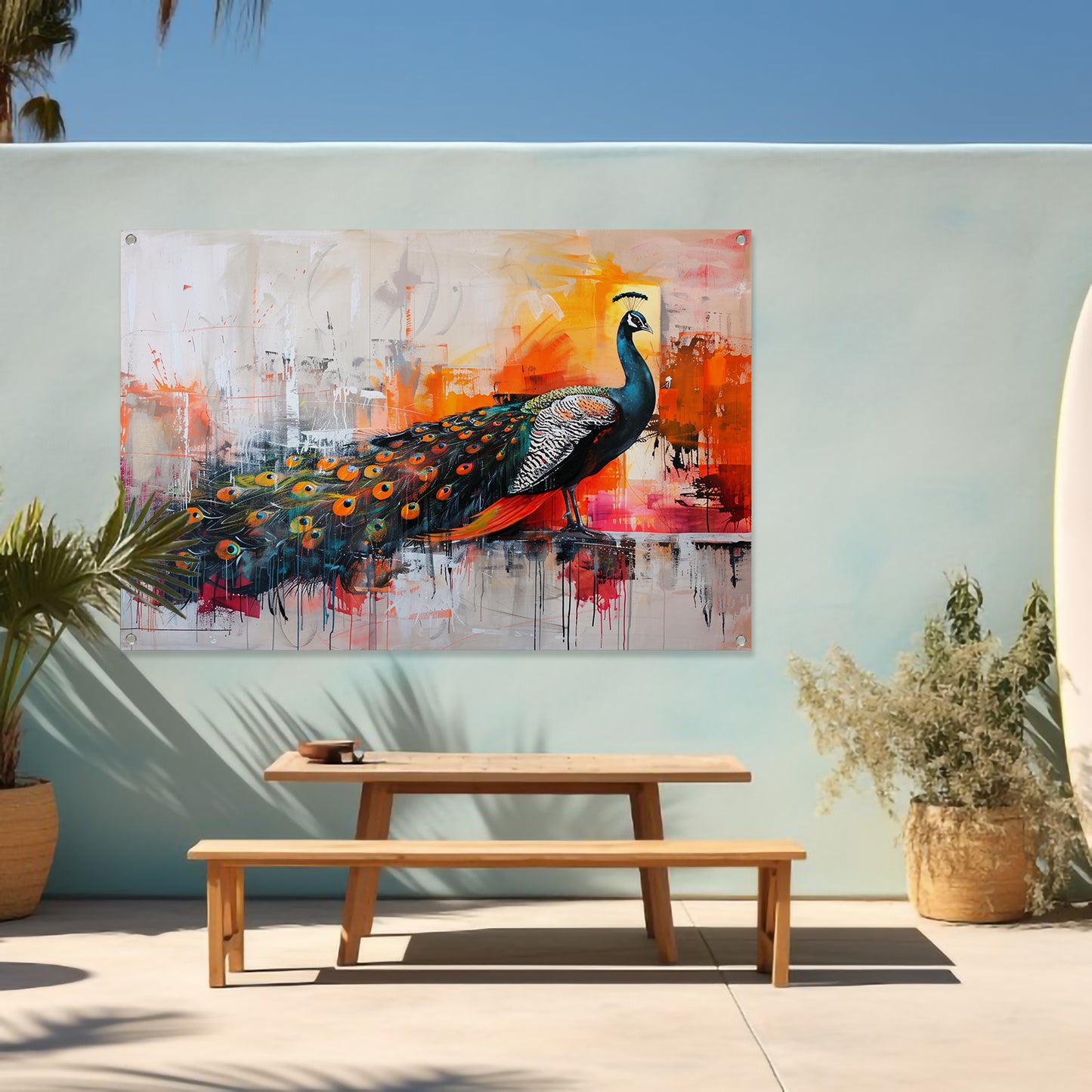 Kleurrijk abstract schilderij van een pauw tuinposter