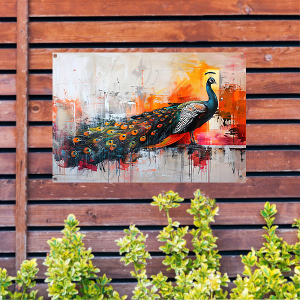 Kleurrijk abstract schilderij van een pauw tuinposter