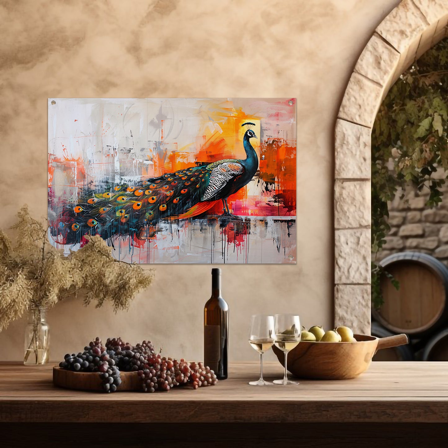 Kleurrijk abstract schilderij van een pauw tuinposter