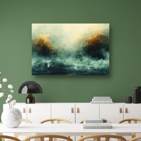 Mystieke herfstbomen boven woelige wateren canvas
