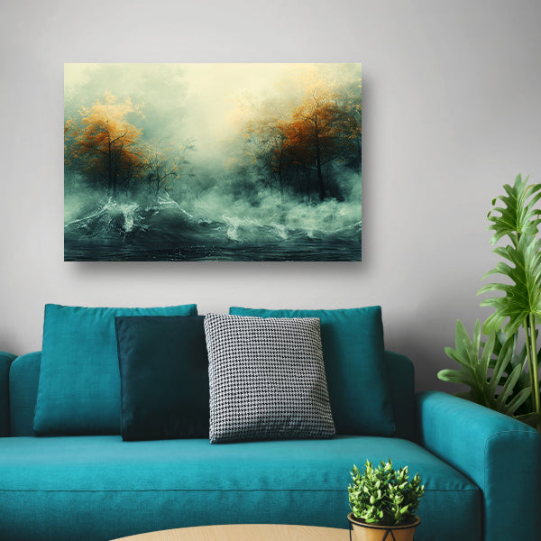Mystieke herfstbomen boven woelige wateren canvas