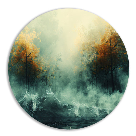 Mystieke herfstbomen boven woelige wateren aluminium muurcirkel