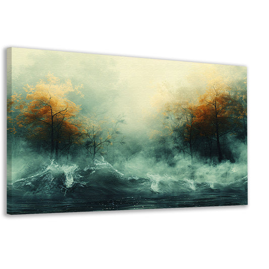 Mystieke herfstbomen boven woelige wateren canvas