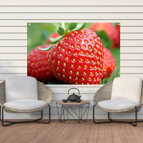Rijpe rode aardbei met frisgroene bladeren tuinposter