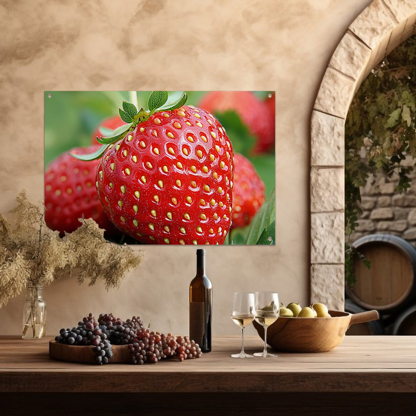 Rijpe rode aardbei met frisgroene bladeren tuinposter