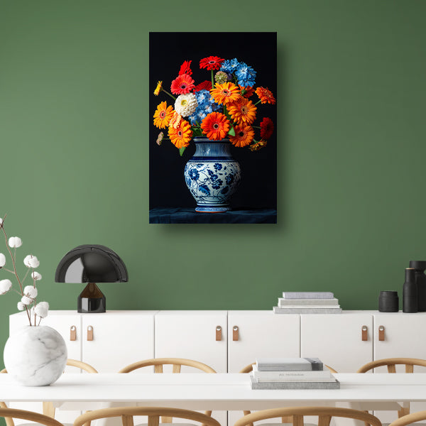 Levendige Bloemenpracht in Delfts Blauwe Vaas poster