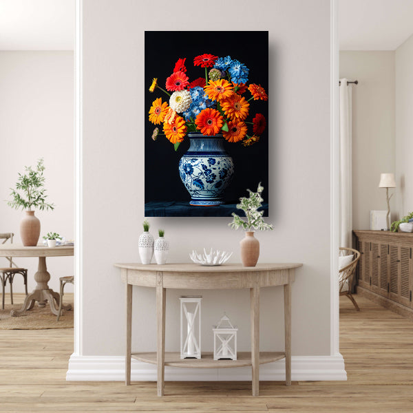 Levendige Bloemenpracht in Delfts Blauwe Vaas poster