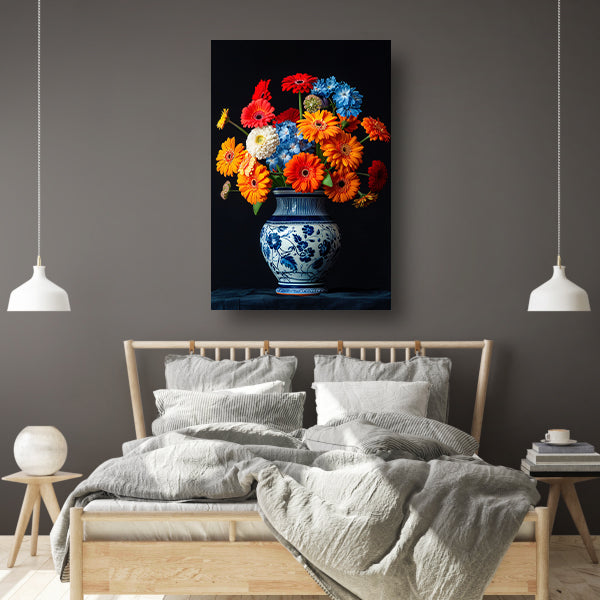 Levendige Bloemenpracht in Delfts Blauwe Vaas poster