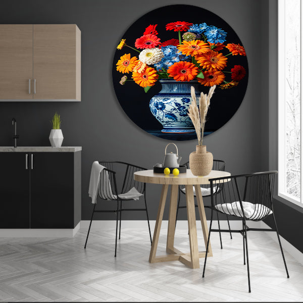 Levendige Bloemenpracht in Delfts Blauwe Vaas aluminium muurcirkel