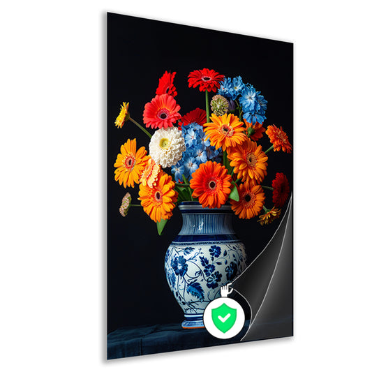 Levendige Bloemenpracht in Delfts Blauwe Vaas poster