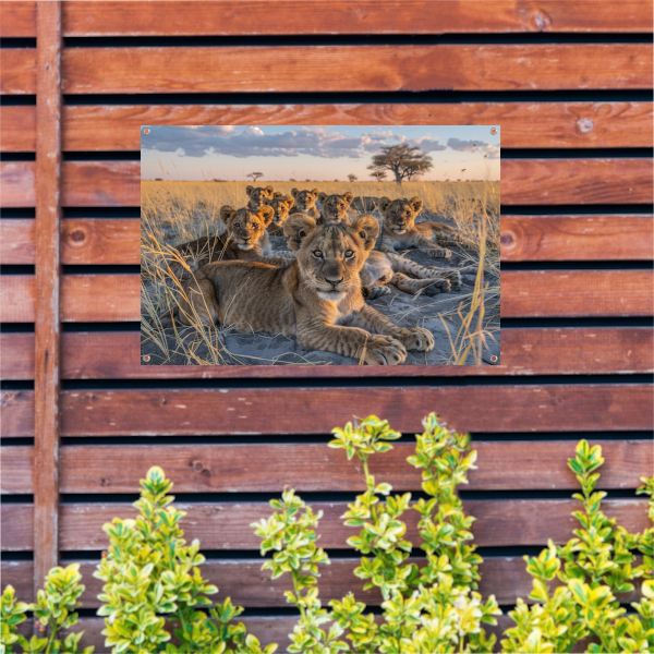 Leeuwenwelpen Knuffelen in het Gras tuinposter