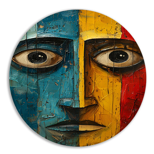 Abstract emotie in blauw, geel en rood aluminium muurcirkel