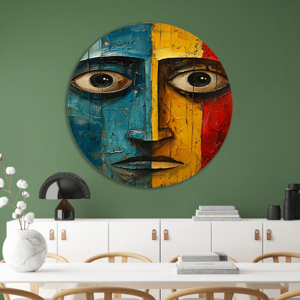 Abstract emotie in blauw, geel en rood aluminium muurcirkel