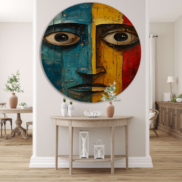 Abstract emotie in blauw, geel en rood aluminium muurcirkel
