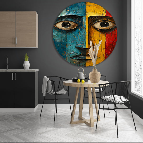 Abstract emotie in blauw, geel en rood aluminium muurcirkel