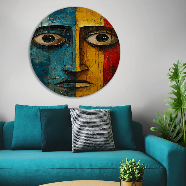 Abstract emotie in blauw, geel en rood aluminium muurcirkel