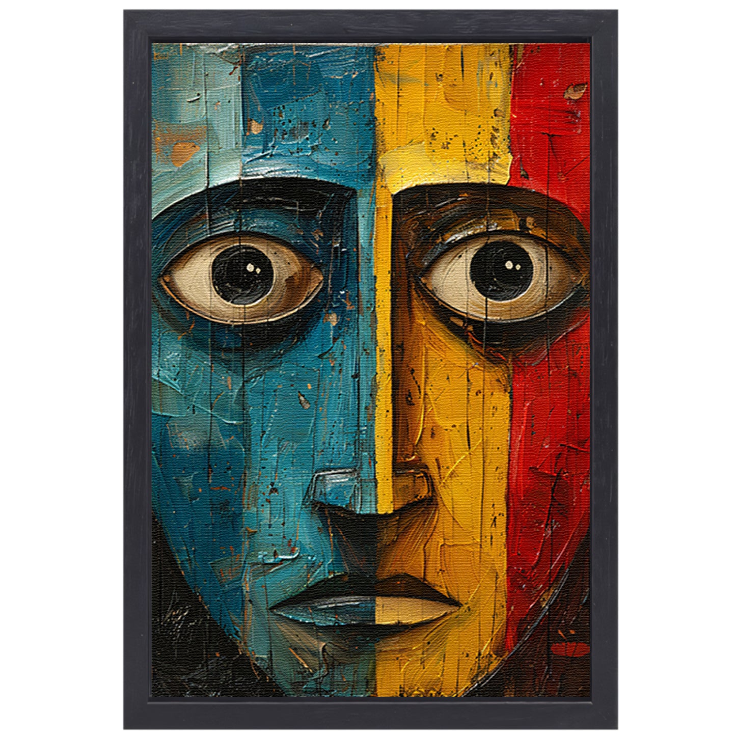 Abstract emotie in blauw, geel en rood canvas met baklijst