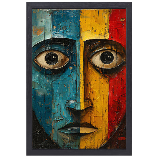 Abstract emotie in blauw, geel en rood canvas met baklijst