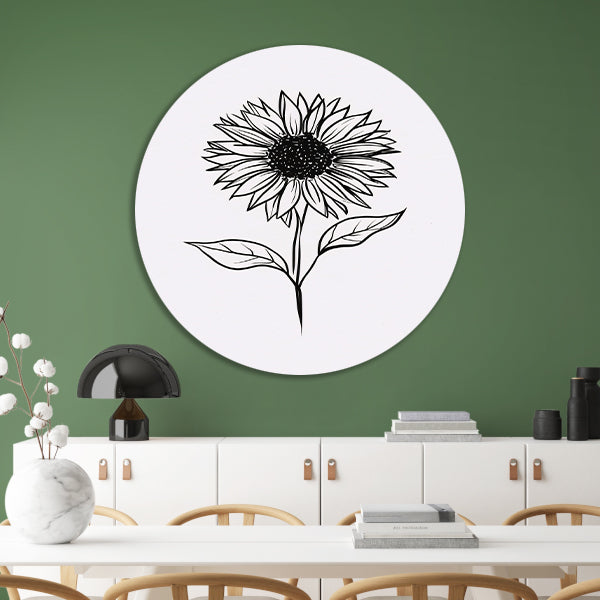 Minimalistische zwart-witte zonnebloem lijnkunst aluminium muurcirkel