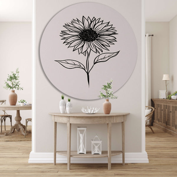 Minimalistische zwart-witte zonnebloem lijnkunst aluminium muurcirkel
