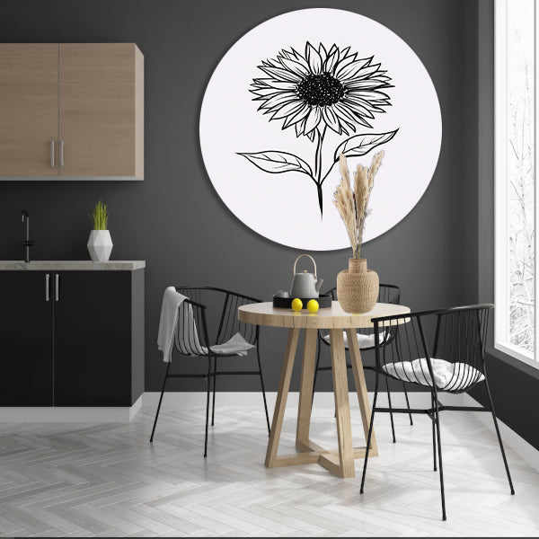Minimalistische zwart-witte zonnebloem lijnkunst aluminium muurcirkel