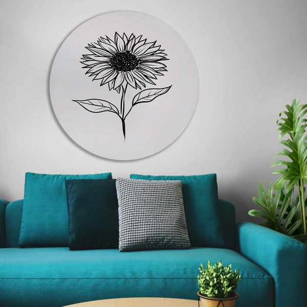 Minimalistische zwart-witte zonnebloem lijnkunst aluminium muurcirkel