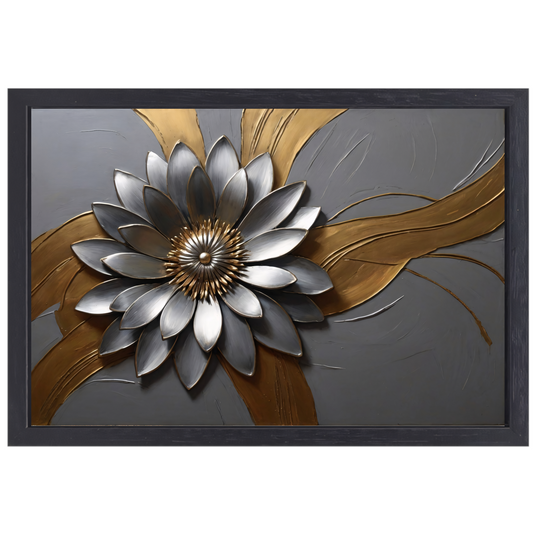 Elegante Gouden en Zilveren Bloem Kunst canvas met baklijst