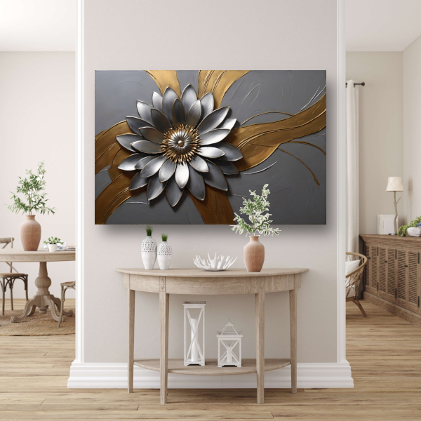 Elegante Gouden en Zilveren Bloem Kunst canvas
