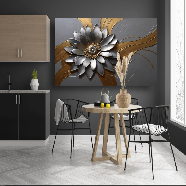 Elegante Gouden en Zilveren Bloem Kunst canvas met baklijst