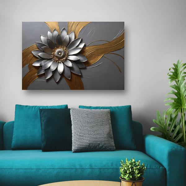 Elegante Gouden en Zilveren Bloem Kunst canvas met baklijst
