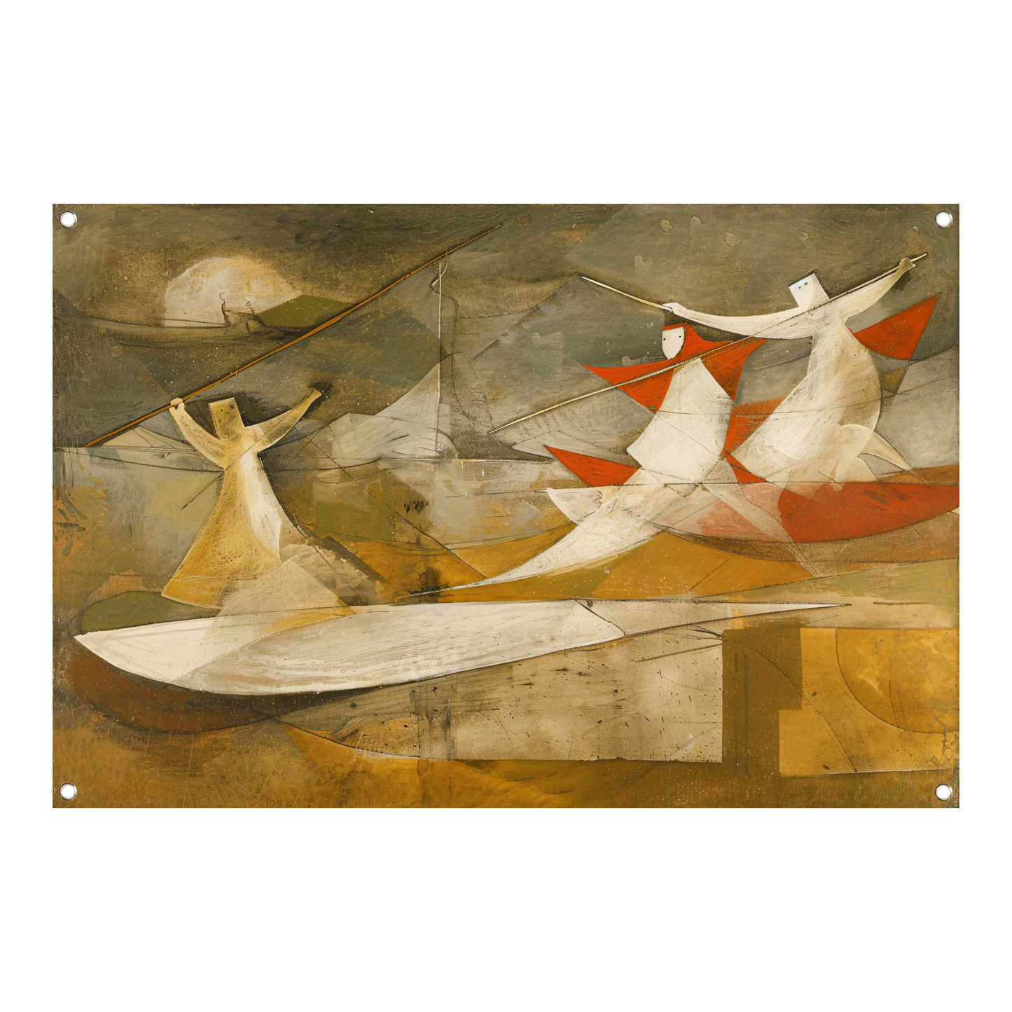 Dynamisch abstract schilderij met kubistische figuren tuinposter