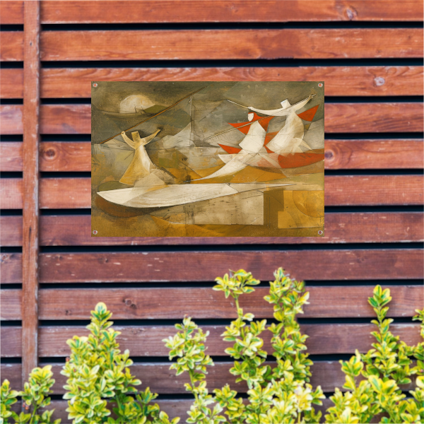 Dynamisch abstract schilderij met kubistische figuren tuinposter