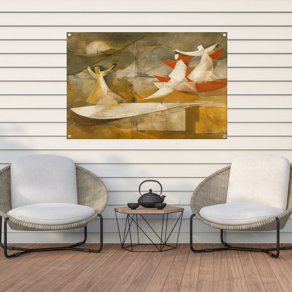Dynamisch abstract schilderij met kubistische figuren tuinposter