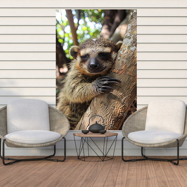 Slapende wasbeer tegen boom in bos tuinposter