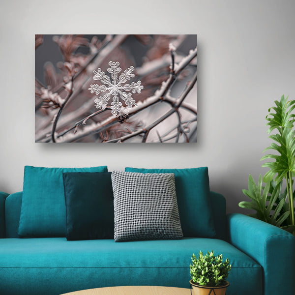 Gedetailleerde macrofoto van sneeuwvlok op takken canvas