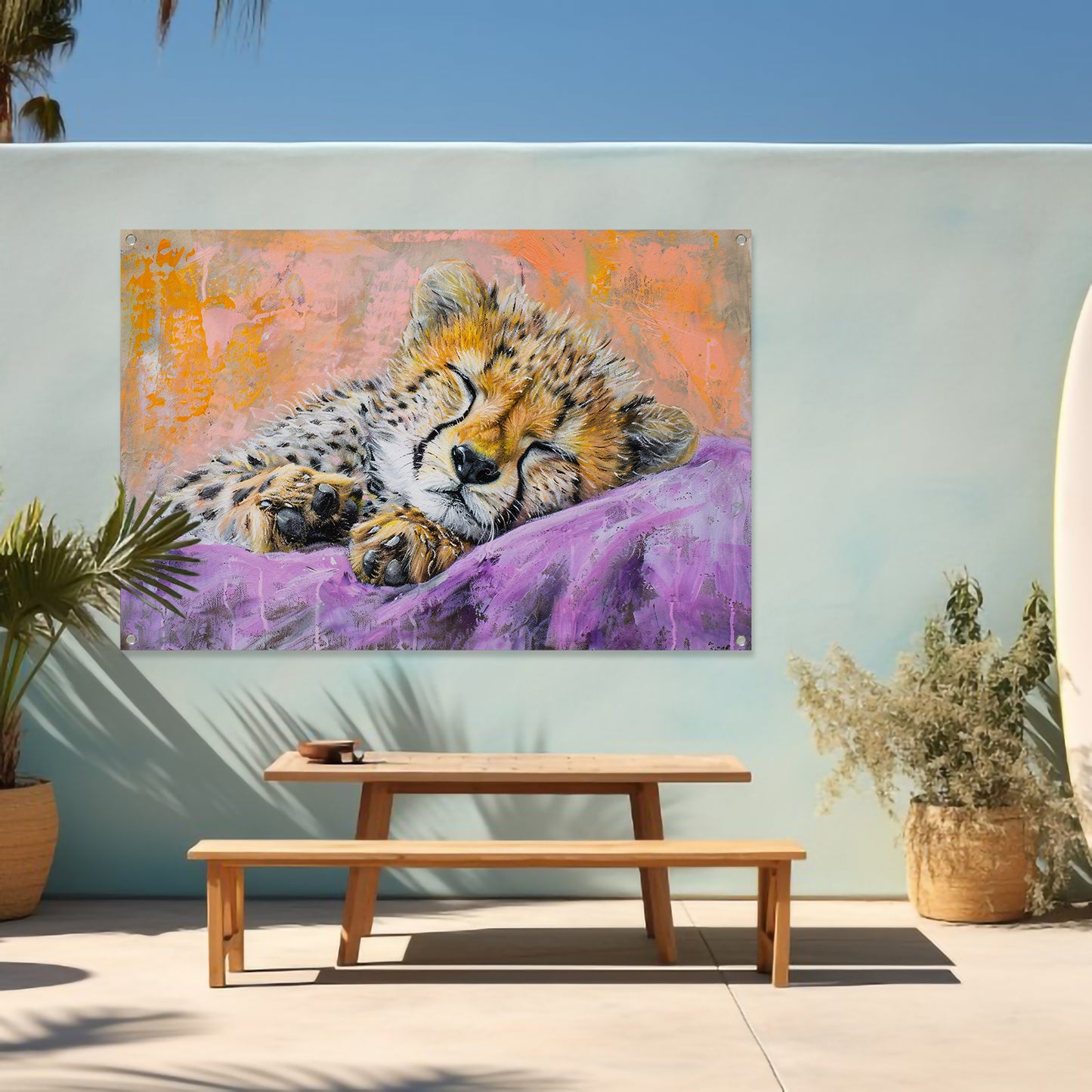 Slapende cheeta in kleurrijke abstracte stijl tuinposter
