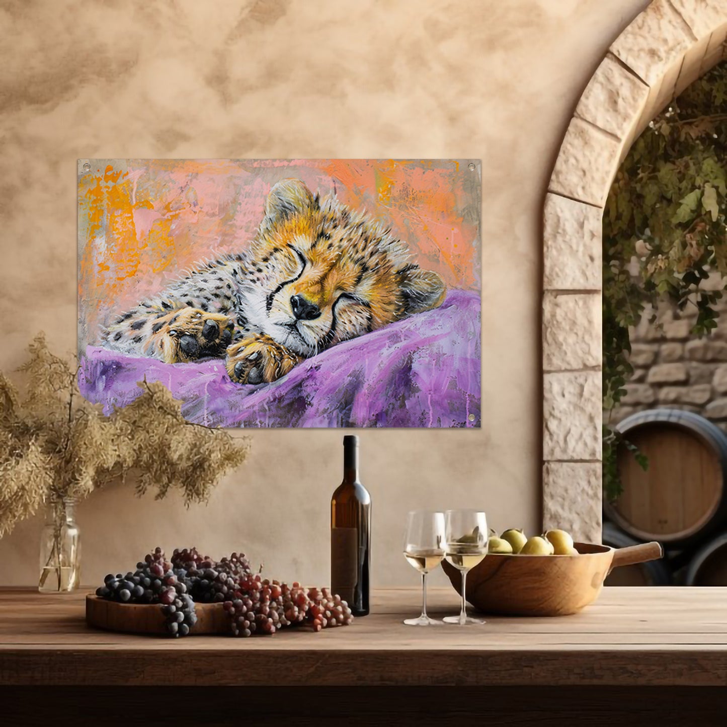 Slapende cheeta in kleurrijke abstracte stijl tuinposter