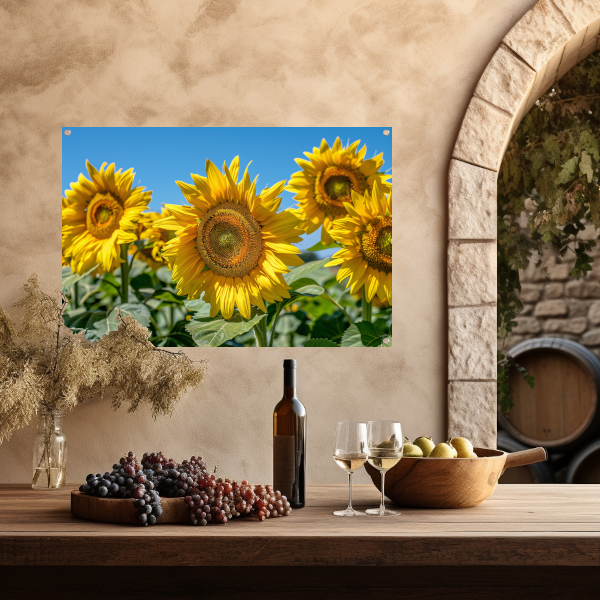 Levendige zonnebloemen onder een helderblauwe hemel tuinposter